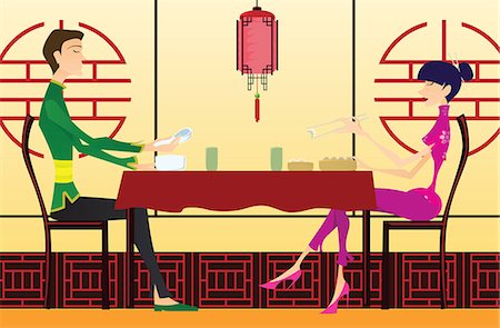 eating in chair side view - Couple sitting in a Chinese restaurant Stock Photo - Premium Royalty-Free, Code: 630-03482545