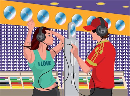 shopper illustration - Man and a woman choosing CDs in a music store Stock Photo - Premium Royalty-Free, Code: 630-03482546