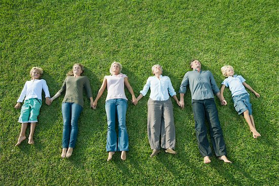 Group lying side by side on grass holding hands Stock Photo - Premium Royalty-Free, Image code: 632-05817080