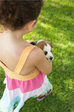 perro rastrero - Girl holding beagle puppy, rear view Foto de stock - Sin royalties Premium, Código: 632-06118151