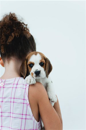 perro rastrero - Girl holding beagle puppy, rear view Foto de stock - Sin royalties Premium, Código: 632-06118222