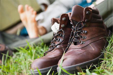 sock foot shoe - Hiking boots, close-up Stock Photo - Premium Royalty-Free, Code: 632-06317158