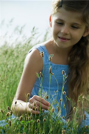 Girl staring at butterfly on wildflower Stock Photo - Premium Royalty-Free, Code: 632-06317763