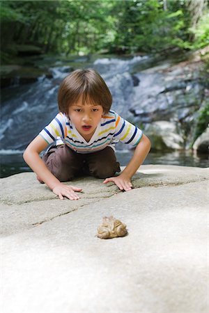 Boy kneeling on rock looking at frog Foto de stock - Sin royalties Premium, Código: 632-06317977