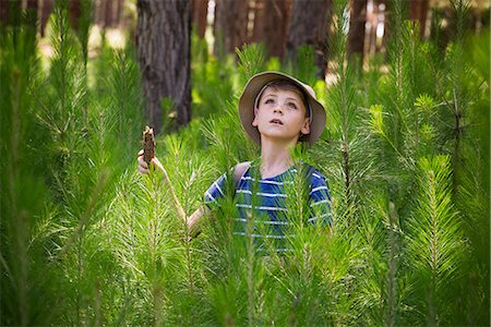 Boy hiking in woods Photographie de stock - Premium Libres de Droits, Code: 632-09021555