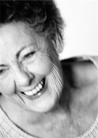 silhouette black and white - Elderly woman laughing, portrait, close-up, black and white Stock Photo - Premium Royalty-Free, Code: 632-01144134