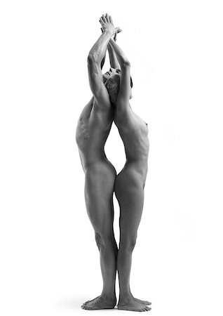 duo - Nude man and woman standing back to back with hands clasped over heads, side view, b&w Stock Photo - Premium Royalty-Free, Code: 632-01142532