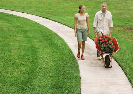 Father and adult daughter walking on walkway pushing wheelbarrow full of flowers Stock Photo - Premium Royalty-Free, Code: 632-01156539