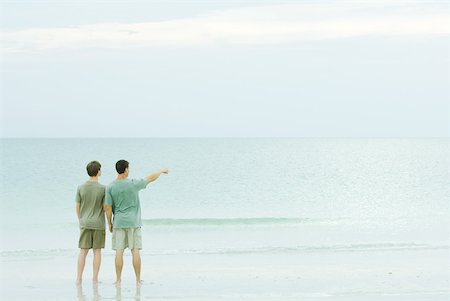 simsearch:695-03379834,k - Père et fils debout ensemble à la plage, en regardant la vue, l'un pointant vers Photographie de stock - Premium Libres de Droits, Code: 632-01828384