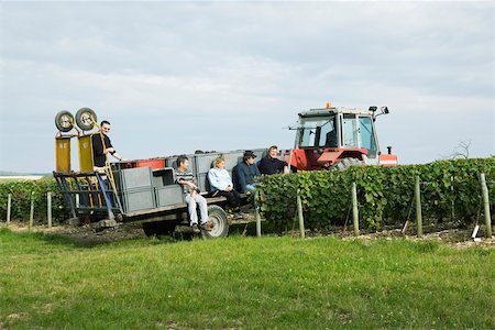 France, Champagne-Ardenne, Aube, workers resting on tractor pulled trailer in vineyard Stock Photo - Premium Royalty-Free, Code: 632-02690302