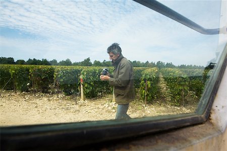 France, Champagne-Ardenne, Aube, homme qui marche dans le vignoble, tenant la caméra, vu au travers de la fenêtre Photographie de stock - Premium Libres de Droits, Code: 632-02690319