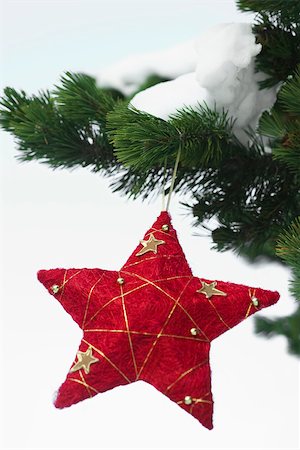 simsearch:632-03027631,k - Star Christmas ornament hanging from snow frosted branch Stock Photo - Premium Royalty-Free, Code: 632-03027633