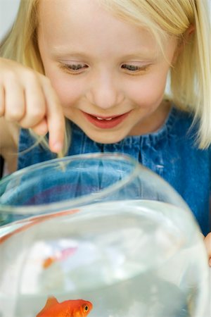 Little girl looking at goldfish in bowl Stock Photo - Premium Royalty-Free, Code: 632-03193694