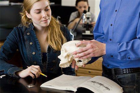 Teacher showing skull to student in anatomy class Stock Photo - Premium Royalty-Free, Code: 632-03516585