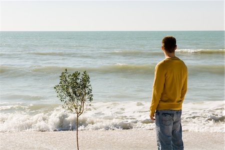 simsearch:632-03500777,k - Man standing beside small tree growing on beach, looking at view Foto de stock - Royalty Free Premium, Número: 632-03754476