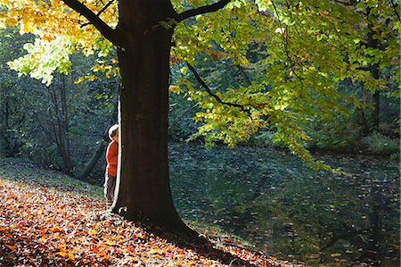 simsearch:400-06130548,k - Boy hiding behind tree in autumn Foto de stock - Sin royalties Premium, Código: 633-06322660