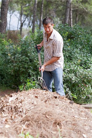rastrellino - Man standing by heap of straw, holding gardening fork Fotografie stock - Premium Royalty-Free, Codice: 633-06406749