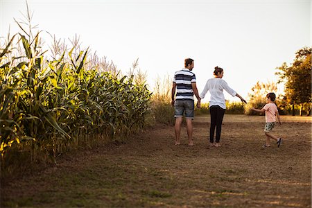 father son walking in field - Family with one child walking along dirt road next to cornfield Stock Photo - Premium Royalty-Free, Code: 633-08482345