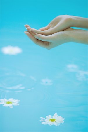 simsearch:633-05401462,k - Young woman cupping hands over surface of water, daisies floating beneath Foto de stock - Sin royalties Premium, Código: 633-01574504