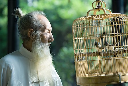 Elderly man wearing traditional Chinese clothing, looking at birds in cage Foto de stock - Sin royalties Premium, Código: 633-01714699