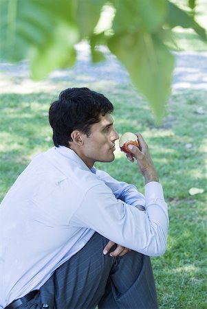 simsearch:633-01573622,k - Businessman sitting on grass, eating apple, side view Fotografie stock - Premium Royalty-Free, Codice: 633-01713984