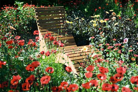 simsearch:633-05401494,k - Wooden deck chair surrounded by flowers Stock Photo - Premium Royalty-Free, Code: 633-02417706