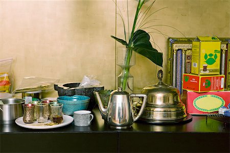 Countertop set with tea service and various dishes Stock Photo - Premium Royalty-Free, Code: 633-02417805