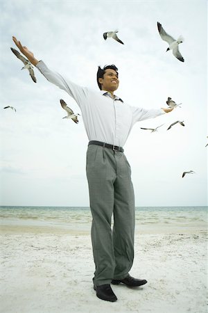 disheveled man full body one person photo - Businessman standing on beach with arms raised, birds flying overhead Stock Photo - Premium Royalty-Free, Code: 633-02417906