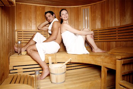 steaming hot women - A couple enjoying a sauna together Stock Photo - Premium Royalty-Free, Code: 644-01435759