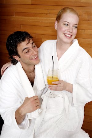 funny intimacy - A couple  having a refreshment after a spa treatment Stock Photo - Premium Royalty-Free, Code: 644-01435801