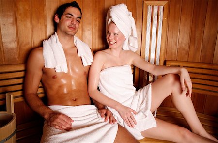 steaming hot women - A couple enjoying a sauna together Stock Photo - Premium Royalty-Free, Code: 644-01437119