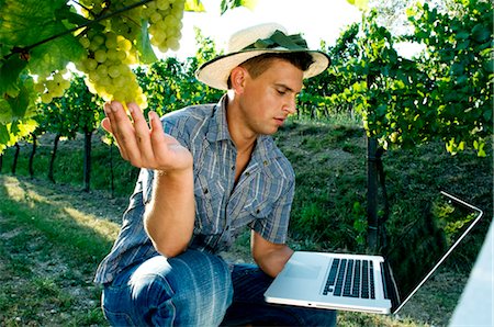 farmer with straw hat - Young man in vineyard holding laptop Stock Photo - Premium Royalty-Free, Code: 644-03405450