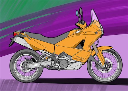 Dark yellow super enduro motorbike with purple and green background Stock Photo - Premium Royalty-Free, Code: 645-01538075