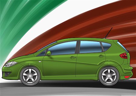 simsearch:400-05385138,k - Green four-door hatchback with green, red, and white background Stock Photo - Premium Royalty-Free, Code: 645-01538094