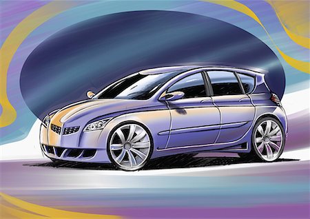 Purple four-door car with blue and yellow background Stock Photo - Premium Royalty-Free, Code: 645-01538126
