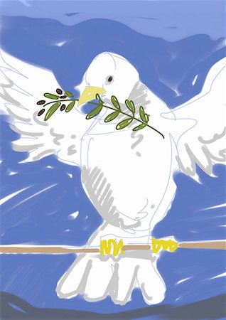 Blanche colombe avec le rameau d'Olivier dans le bec et les ailes déployées Photographie de stock - Premium Libres de Droits, Code: 645-01538132