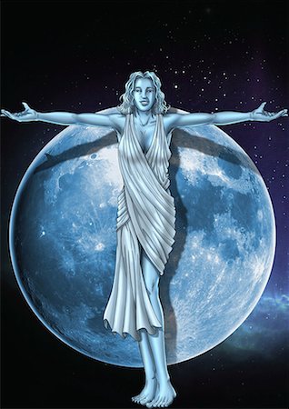 solar system - Woman with her arms out in front of the moon Foto de stock - Sin royalties Premium, Código: 645-01538140