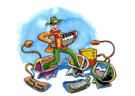 science fantasy - Man playing accordion stepping out of several computer monitors Stock Photo - Premium Royalty-Free, Code: 645-01538157