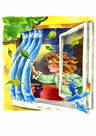 flower woman cartoon - Woman closing the window in a night storm Stock Photo - Premium Royalty-Free, Code: 645-01538158