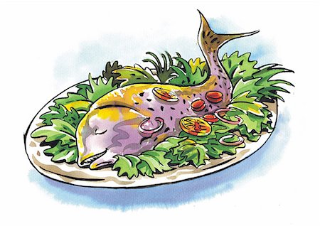 delicious food cartoon - A whole fish in a platter on a bed of lettuce Stock Photo - Premium Royalty-Free, Code: 645-01538168