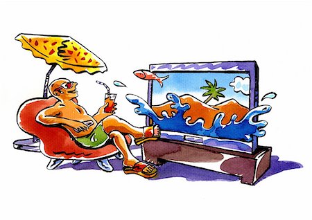 slow - Bald man having a virtual vacation experience in his living room with TV Foto de stock - Sin royalties Premium, Código: 645-01538175