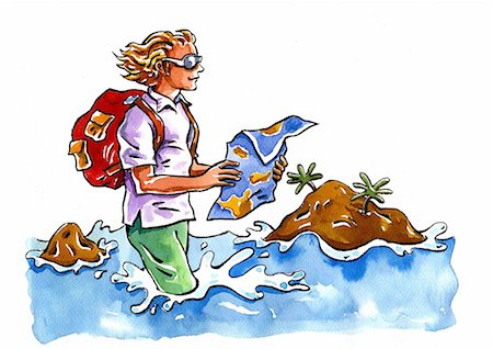 simsearch:400-04557469,k - Young man wearing his clothes wading in the sea with a map and his backpack Stock Photo - Premium Royalty-Free, Code: 645-01538176