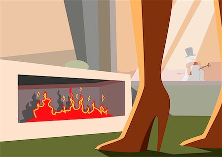 people in mountain home - Woman's legs by the fireplace Stock Photo - Premium Royalty-Free, Code: 645-01538198