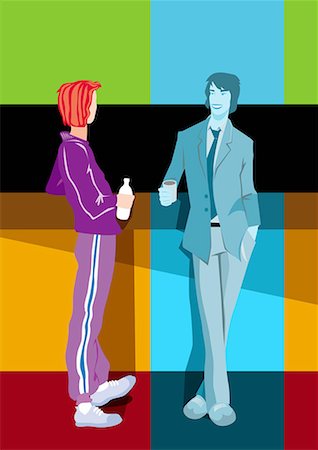 drawing of a drink - Dressed up man talking to casual woman Stock Photo - Premium Royalty-Free, Code: 645-01538222