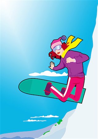 people in winter clothes illustrations - Young woman on her snowboard jumping in the air Stock Photo - Premium Royalty-Free, Code: 645-01538237