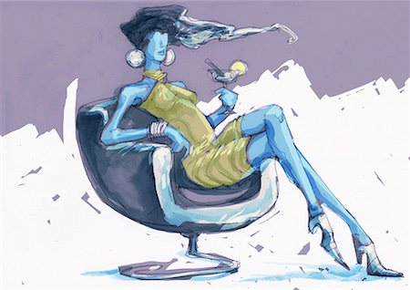 earring drawing - Femme assise dans un fauteuil modern avec un cocktail Photographie de stock - Premium Libres de Droits, Code: 645-01538273