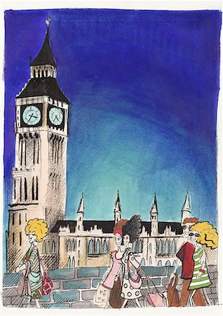 england mall shopping - Female shoppers walking down street with London's Big Ben in background Stock Photo - Premium Royalty-Free, Code: 645-01538334