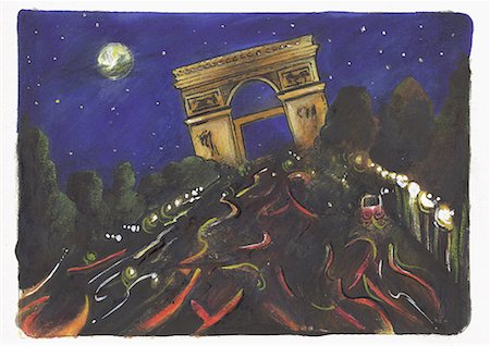 Night scene of lit Arc de Triomphe at the end of Champs- Elysees Foto de stock - Sin royalties Premium, Código: 645-01538332