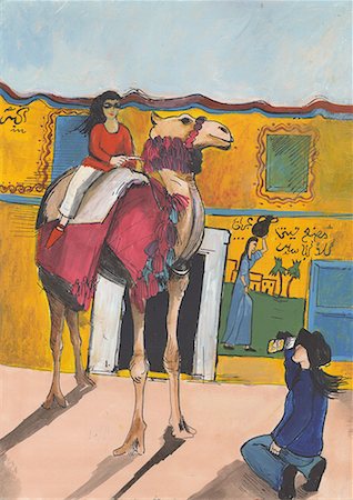 dromedario - Young woman photographing her companion on a decorated camel with hieroglyphics on wall in the background Foto de stock - Sin royalties Premium, Código: 645-01538345