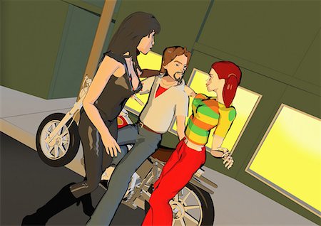 seducing man on bike - Young man on motorcycle with two women beside him Stock Photo - Premium Royalty-Free, Code: 645-01538459